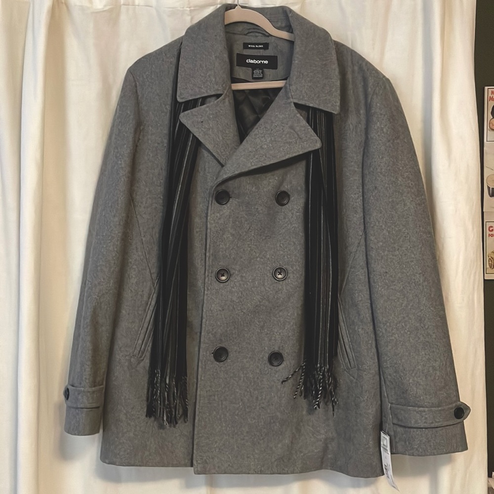 NWT Claiborne wool blend gray pea coat with black button
